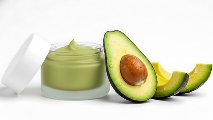 Avocado cream in a jar with fresh avocado slices and water droplets on white background