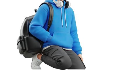 Person in Blue Hoodie with Backpack and Headphones