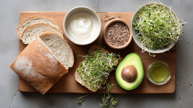 Healthy sandwich preparation with fresh ingredients on wooden board