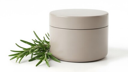 Minimalist cosmetic jar with fresh rosemary sprig on a clean white background