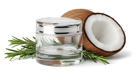 Natural cosmetic cream jar with coconut and rosemary ingredients on white background