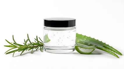 Clear gel in a jar with aloe vera and rosemary sprigs on a white background