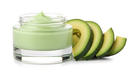 Avocado cream in glass jar with sliced avocado fruit on white background