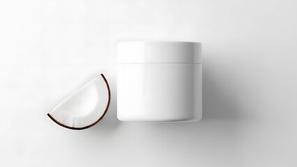 Minimalist white jar with coconut slice on a clean white background, top view