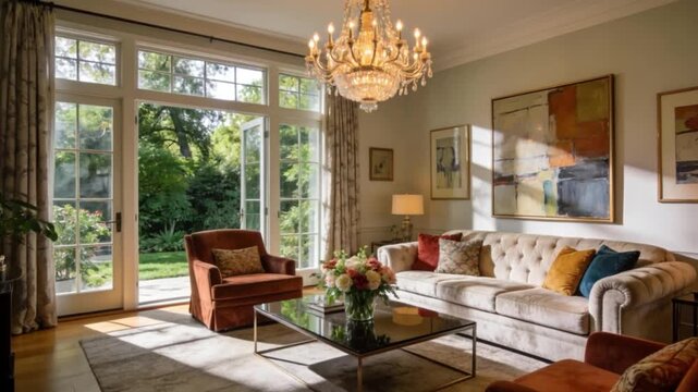 Modern living room interior design features luxury furniture including a wooden table and sofa inside a house with large window