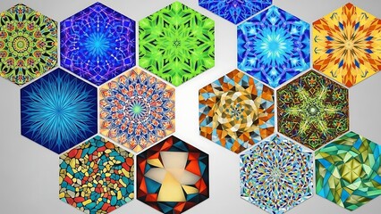 Vibrant hexagons with colorful patterns.