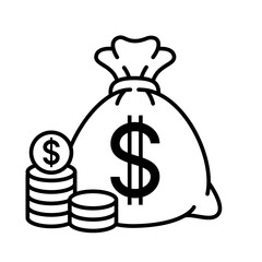 Money bag black line with dollar icon set. Money, budget, savings, loan, cash, earning, income, wallet, currency, dollar, coin, forex, revenue, profit icons. Finance business line icon collection.