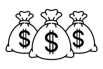 Money bag black line with dollar icon set. Money, budget, savings, loan, cash, earning, income, wallet, currency, dollar, coin, forex, revenue, profit icons. Finance business line icon collection.