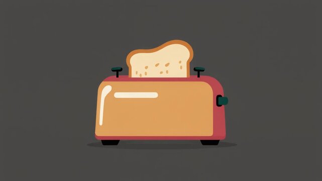 A cartoon illustration of a red and orange toaster with a slice of golden brown toast popping out against a dark grey background.