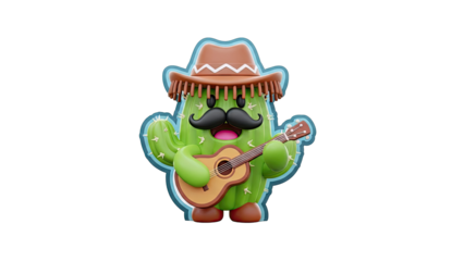Cartoon Cactus Playing Guitar with Cowboy Hat and Moustache
