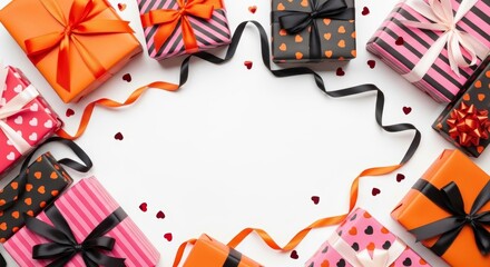Vibrant flat lay frame featuring pink, orange, and black gift boxes with ribbons on white background. Includes heart confetti and copy space. Perfect for Halloween or Valentine's Day greetings.