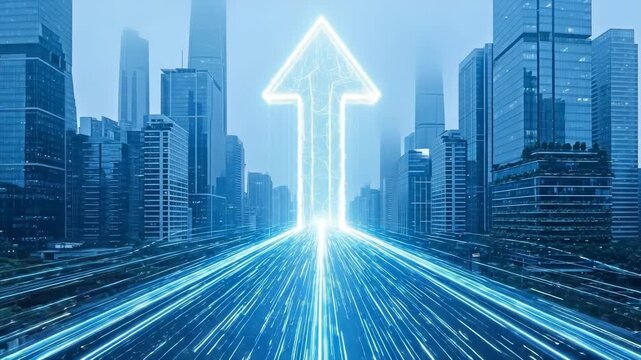 An upward arrow symbol over the city buildings for the concept of business progress.