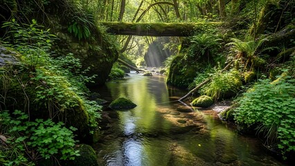Serene forest stream with old bridge.