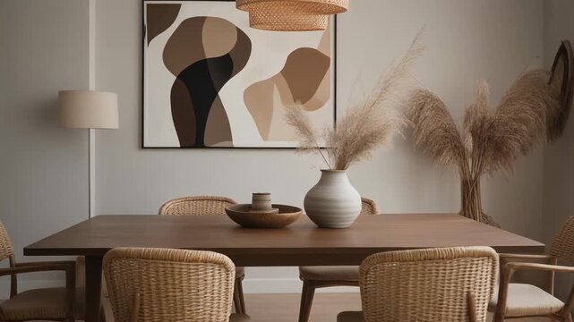 Modern and inviting dining room interior showcasing a wooden table, wicker chairs, a serene abstract artwork, and natural pampas grass decor, creating a warm, contemporary aesthetic