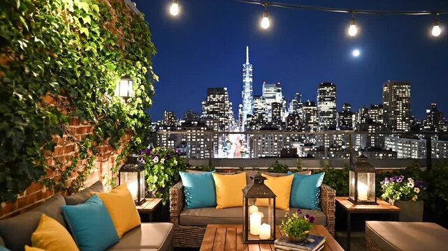 Cozy rooftop lounge with city skyline view, string lights, and plants at night