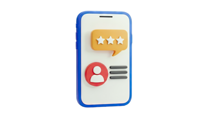 3D Smartphone Showing Star Ratings and User Profile