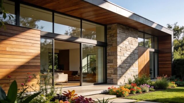 An open door leads from a luxury home's interior to a front porch view of a house with flowers nestled in a garden woods architecture
