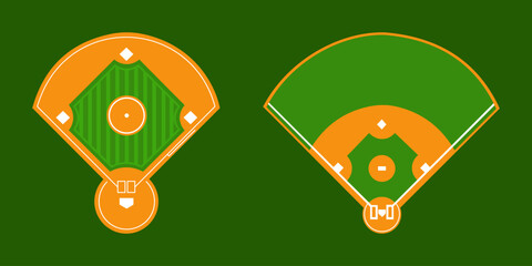 Baseball field diagram set, top view vector illustration of infield and outfield layouts isolated on green background