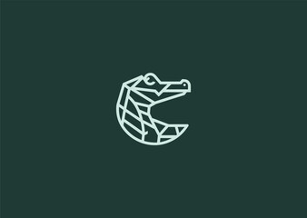 A geometric simple lineart alligator logo with sharp angular lines, representing strength, resilience, alertness, confidence, and primal power