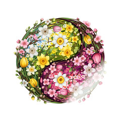 Yin yang floral spring circle illustration on transparent background