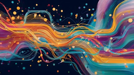 A vibrant and colorful abstract artwork with swirling lines and dots against a dark background