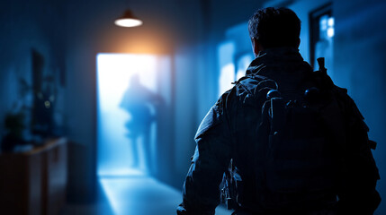 Silhouette of tactical operative in lit corridor doorway, defocused figure entering darkened room, mission preparation moment, law enforcement operation, dramatic security scene, w