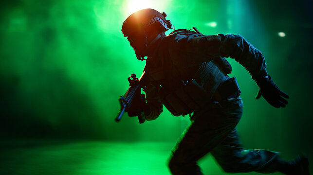 Faceless officer running with firearm on green screen, law enforcement action pose, chroma key background, tactical movement training, security operations footage, dynamic motion, 