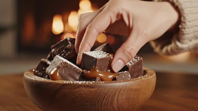 A close-up shows a hand reaching for a decadent dark chocolate square, richly drizzled with caramel and sprinkled, from a rustic wooden bowl. The warm, blurred background with glowing bokeh lights cre