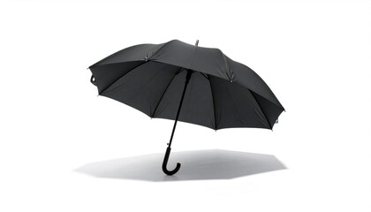 Elegant black umbrella casting a soft shadow on white background.