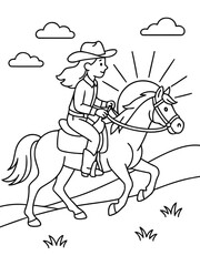 Fototapeta premium Riding into Adventure: An illustration of a determined cowgirl riding a majestic horse on a sunny day, showcasing a spirit of exploration and courage.