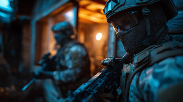 Two special forces personnel in tactical gear with masks, faceless soldiers entering abandoned building, assault rifles visible, security operation scene, dark interior setting, wi