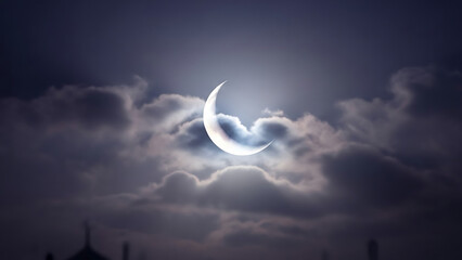 A captivating crescent moon radiates a serene glow amidst dramatic, dark clouds in the tranquil night sky, creating a mystical and peaceful atmosphere