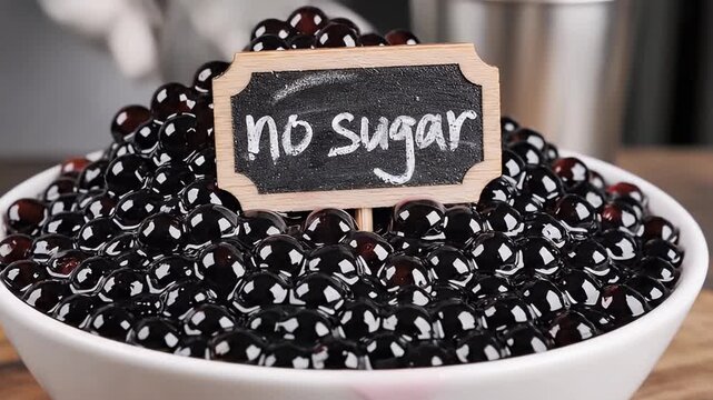 A close-up static shot captures a white ceramic bowl overflowing with a generous quantity of glistening, dark, spherical pearls, indicative of a popular beverage ingredient or dessert topping. A small