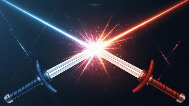 Clashing swords with glowing blades in a dark environment viewed from a straight-on perspective