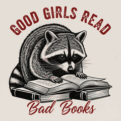 Raccoon reading bad books illustration for T-Shirt Design in a whimsical scene © Clovernand