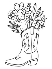 Cowboy Boot Floral Delight: A charming, minimalist illustration showcases a detailed cowboy boot adorned with a vibrant array of wildflowers and cacti.