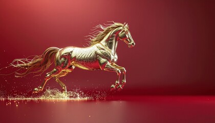 Fototapeta premium Fiery glowing horse with smoke on red background for Chinese New Year