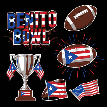 Vibrant T-Shirt Design Celebrating the Benito Bowl with Football, Trophy, and Flags on a Black Background