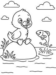 Obraz premium Duckling by the Pond: A charming cartoon depiction of a duckling sitting contentedly on a stone, watching a playful fish leaping from the water. Perfect for children's activities.