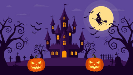 Spooky Halloween castle with pumpkins and witch flying under full moon. © Abhinaya Project
