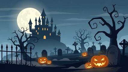 Spooky Halloween night with castle and pumpkins in graveyard. © Abhinaya Project