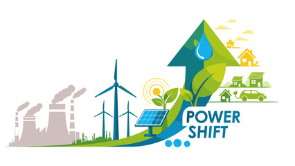 A vibrant vector graphic illustrating a power shift towards renewable energy sources