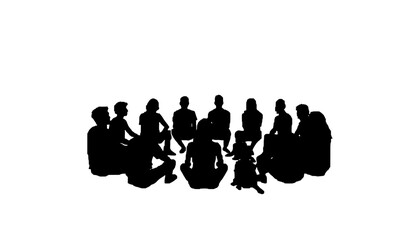 A minimalist silhouette illustration of a group of people sitting in a circle