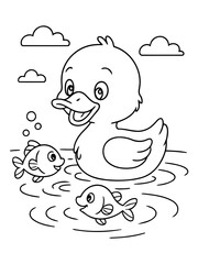 Obraz premium Duckling's Aquatic Adventure: A charming illustration depicts a delightful duckling swimming alongside playful fish in a serene pond, all under a whimsical sky. 