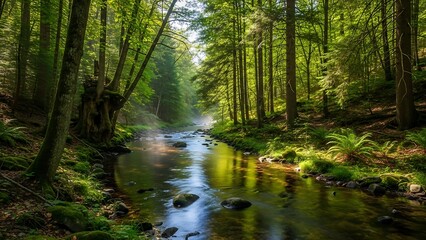 Obraz premium Serene forest stream with sunlight filtering.