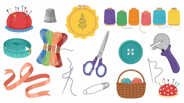 Sewing and crafting supplies collection with various colorful objects.