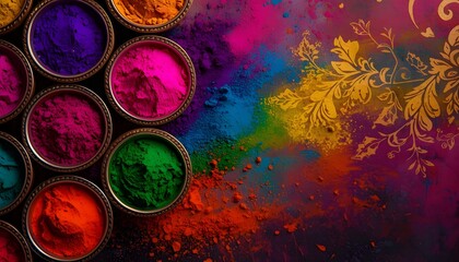 Top-Down Holi Festival Illustration &ndash; Bowls of Vibrant Powder Pigments with Traditional Indian Patterns