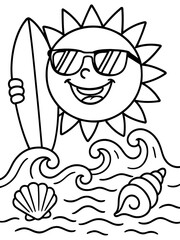 Obraz premium Sun Surfing: An artistic rendition of the sun, adorned with sunglasses, riding waves with a surfboard, evoking summer fun.