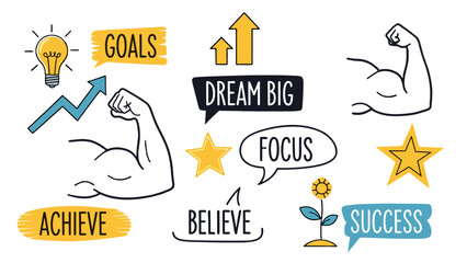 A motivational vector graphic illustration with icons and symbols for success and achievement