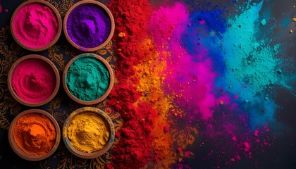 Top-Down Holi Festival Illustration &ndash; Bowls of Vibrant Powder Pigments with Traditional Indian Patterns